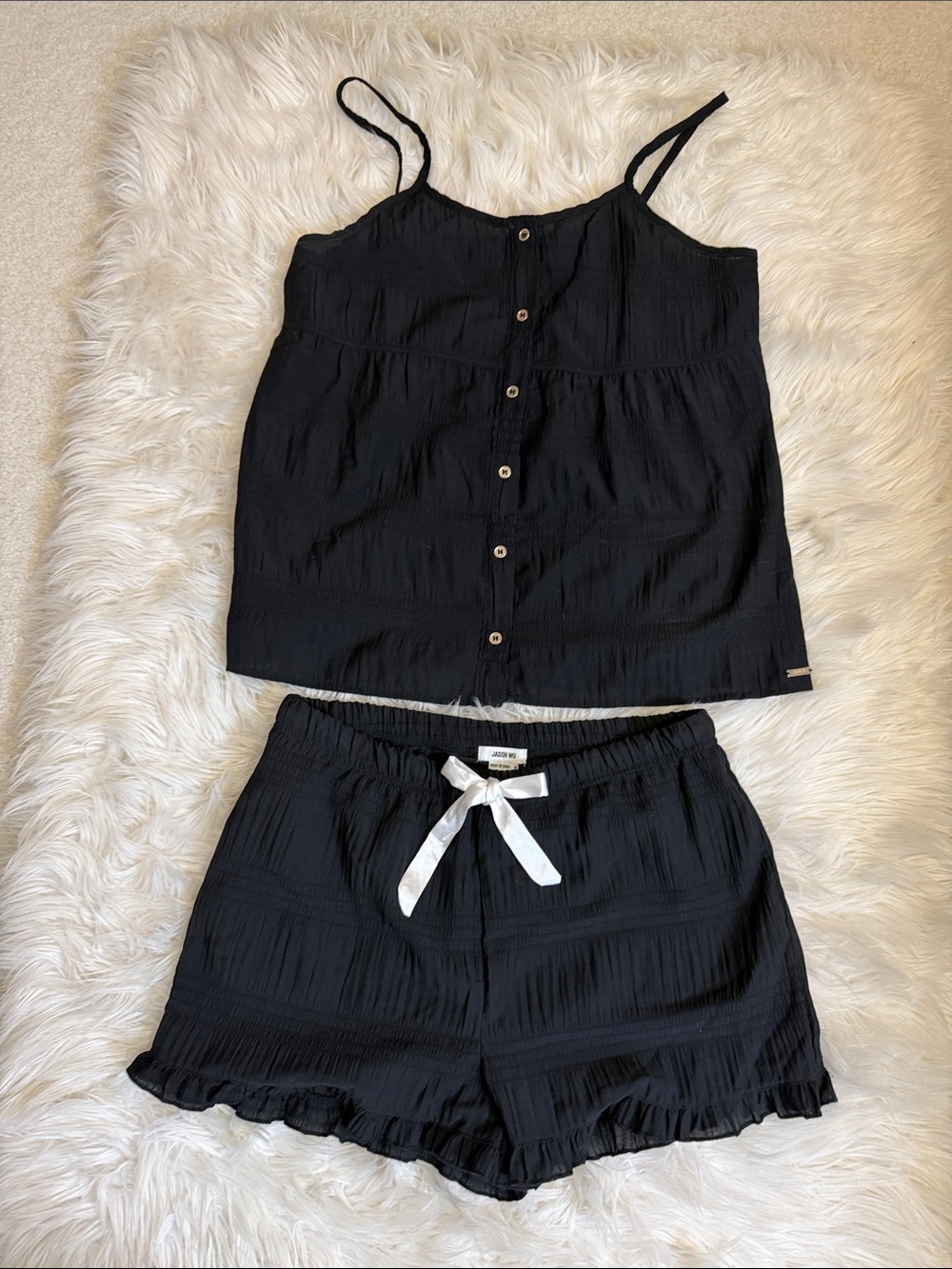JASON WU, Black Button-Front Cami & Ruffle Hem Shorts Set Sz Med